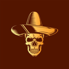 Skull in a sombrero. Dia De Los Muertos. Original vector illustration in vintage style isolated on black background. T-shirt design.