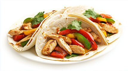 Freshly made chicken fajitas with colorful bell peppers, garnished with cilantro, served on a white plate.