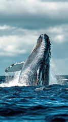 Naklejka premium Majestic blue whale breaching ocean surface, showcasing its grandeur and power