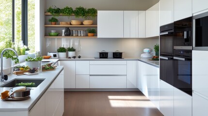 A modern kitchen with smart appliances and an eco-friendly design, where a robot assistant helps prepare meals