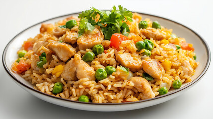 Fototapeta premium Close-up of a delicious, colorful chicken fried rice dish with vibrant vegetables and fresh cilantro, served on a white plate.