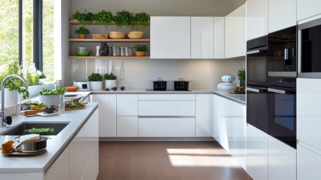 A modern kitchen with smart appliances and an eco-friendly design, where a robot assistant helps prepare meals