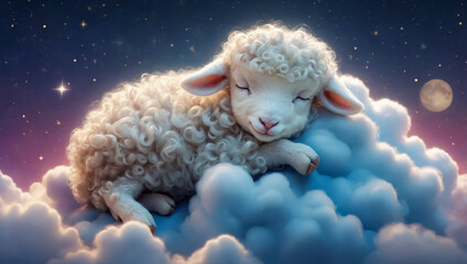 Little fluffy sheep sleeps on a cloud