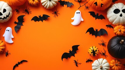Fototapeta premium Halloween Flat Lay with Pumpkins, Bats, and Ghosts.