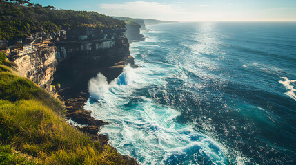 A breathtaking ocean view from a cliffside cabin with waves crashing below and the vast sea stretching out to the horizon.