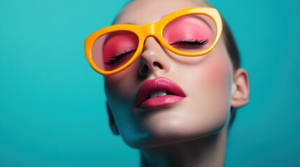 A captivating image of a model wearing bold orange glasses and vibrant makeup, showcasing modern...