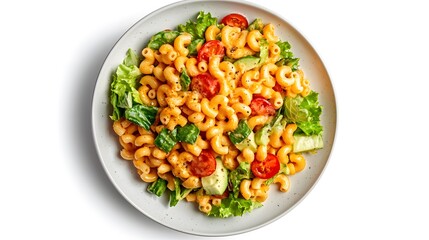 Fresh pasta salad with tomatoes, cucumbers, and lettuce on a white plate