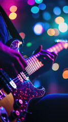 Naklejka premium A musician playing an electric guitar with vibrant stage lights creates an energetic atmosphere