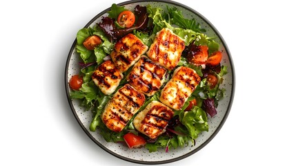 Grilled halloumi salad with fresh greens and cherry tomatoes