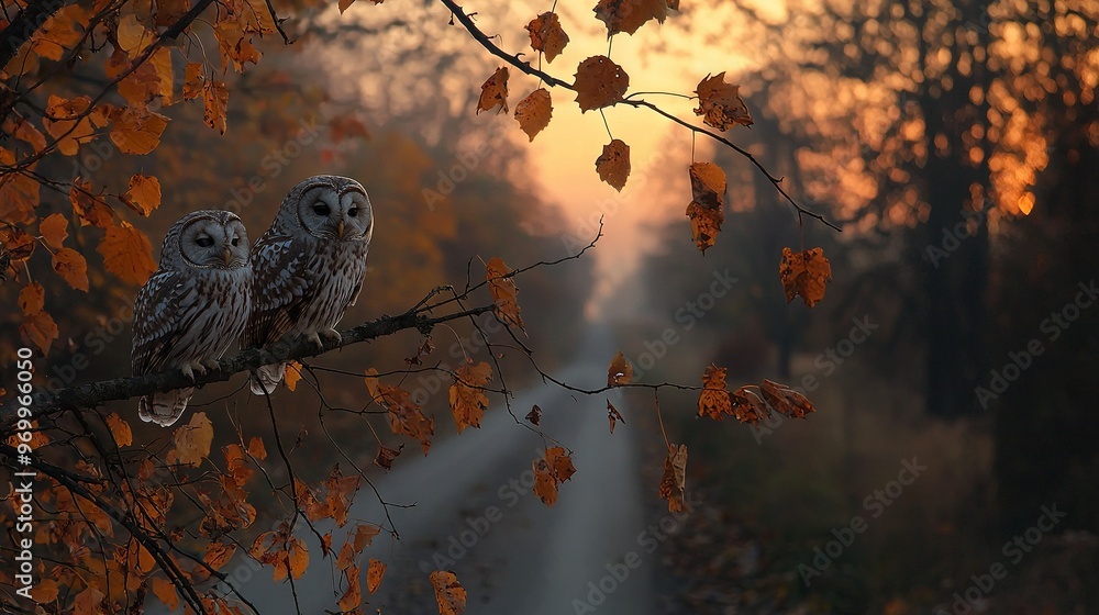 Sticker  Two owls sat on a roadside tree, surrounded by fall leaves and fog