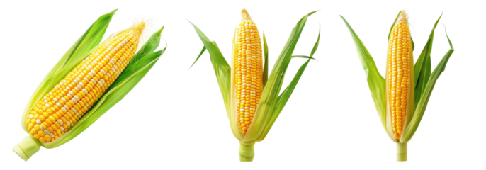 Ripe yellow corn maize isolated on transparent background, set of