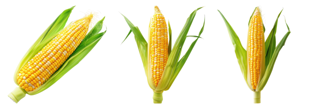 Ripe yellow corn maize isolated on transparent background, set of