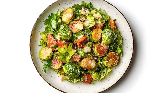 Healthy brussels sprout salad with fresh vegetables and vinaigrette dressing
