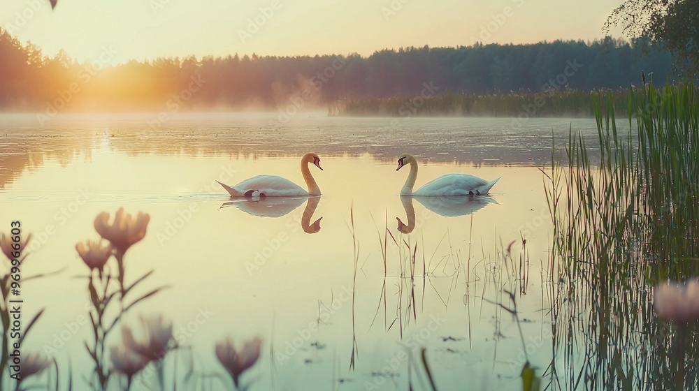 Canvas Prints   A pair of swans glide on a tranquil lake beside a verdant meadow and a dense woods in the distance