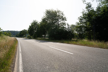 Road between grass and trees in the landscape in summer