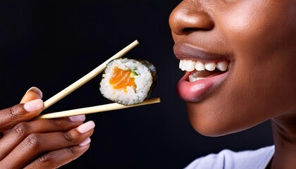 a closeup of a woman eating sushi with wooden chopsticks with black background