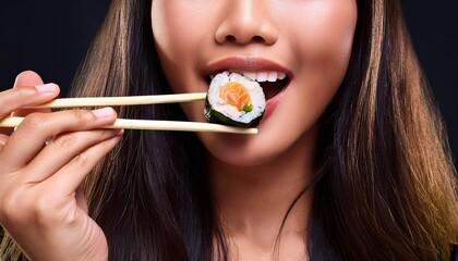 a closeup of a woman eating sushi with wooden chopsticks with black background