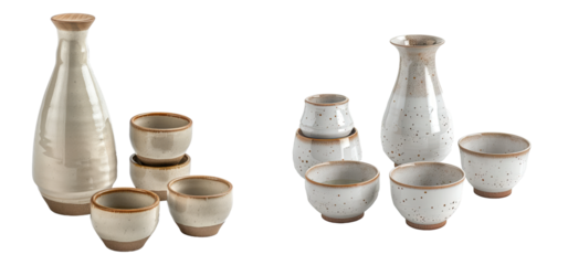 Sake set and cups isolated on transparent background, set of