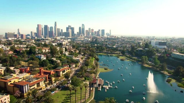 Aerial of Echo Park, Looking over Down Town Los Angeles Cityscape, California
