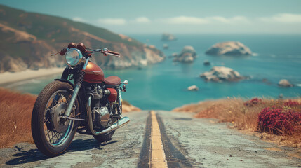 Obraz premium A vintage motorcycle on a scenic road, capturing the spirit of adventure and freedom