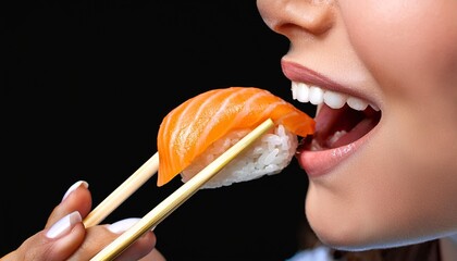 a closeup of a woman eating sushi with wooden chopsticks with black background