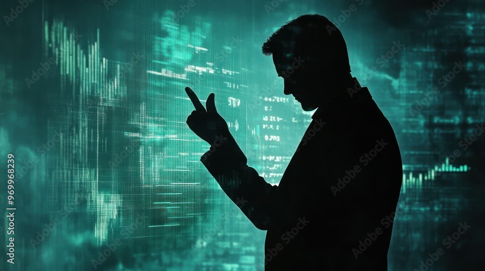 Poster silhouette of a man interacting with a digital interface