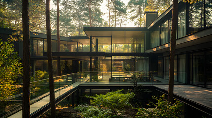 Fototapeta premium A contemporary house with a glass bridge connecting two sections set in a wooded area with tall trees.