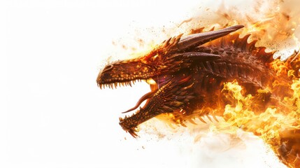 A fiery dragon roars with its mouth open, flames surrounding its head and body.