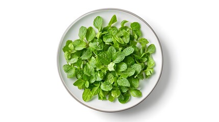 Fresh mint leaves on white plate for culinary and herbal uses
