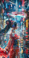 Fototapeta premium oriental cyberpunk female warrior in metal armor, futuristic, fantasy