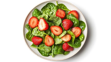 Fresh spinach and strawberry salad on white plate - delicious and healthy vegetarian meal