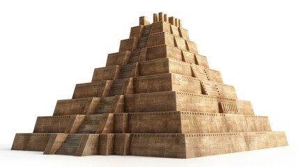 Fototapeta premium Ancient stone pyramid with stairs leading to the top isolated on white background.