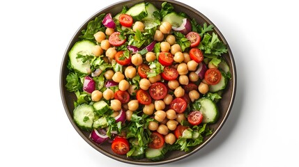 Fresh chickpea salad with cherry tomatoes, cucumbers, and parsley on white background