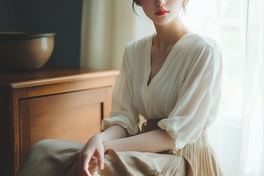 Photograph, a close-up of smooth, pale skin and a shapely figure with legs crossed.