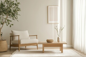 Bright Japandi living room with neutral tones, wooden furniture, and an indoor plant for a fresh, serene look.