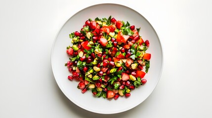 Fresh pomegranate and avocado salad on white plate