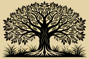 green tree silhouette vector illustration. An intricate silhouette of a large tree with dense leaves and expansive branches, the tree is standing tall and wide, with detailed foliage patterns. 