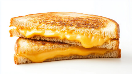 Close-up of a deliciously melted, golden-brown grilled cheese sandwich, oozing with rich, creamy cheddar, set against a clean white background.