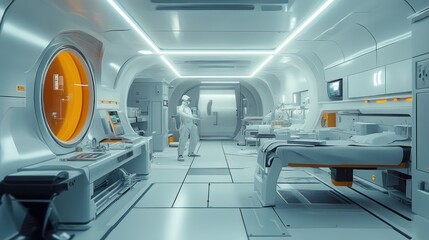 Obraz premium Futuristic Medical Bay with a Space-Suited Figure