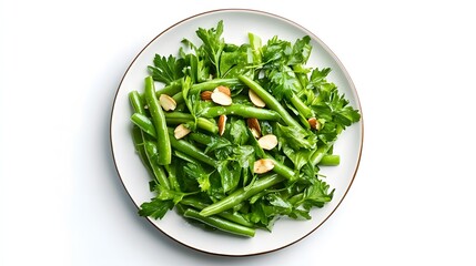 Fresh green bean and herb salad with almonds on white plate