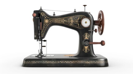 Antique black sewing machine with gold trim and ornate designs on a white background.