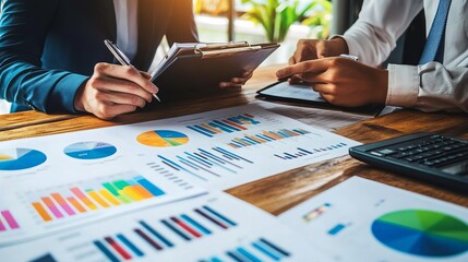 A businessman and finance analyst examine financial reports and economic growth graphs. They strategize, plan, and find solutions for budget management, business success, and financial investments. 