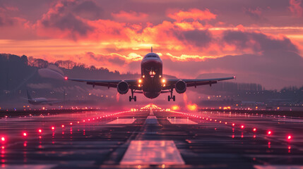 An airplane taking off at sunset, with a dramatic sky and airport runway