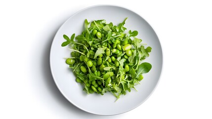 Fresh green salad bowl with edamame and arugula on white background