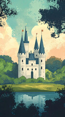 Fototapeta premium A historic castle with turrets surrounded by lush greenery and serene lake