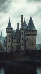 Fototapeta premium A historic castle with turrets stands majestically by water, evoking sense of mystery