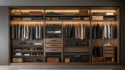 Showcase creative storage solutions within the wardrobe, such as hidden compartments, multi-purpose hangers, or custom shelving. Emphasize innovation and practicality in design