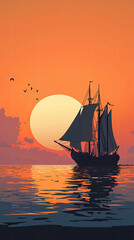Fototapeta premium A serene illustration of an ancient ship sailing on calm waters at sunset
