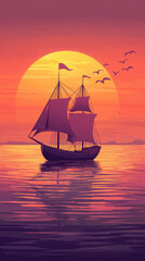 Obraz premium A simple illustration of an ancient ship sailing on calm sea at sunset
