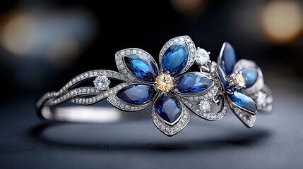 Fototapeta premium A close-up of a blue and white stone ring with a flower shape on a black surface, illuminated by background lights